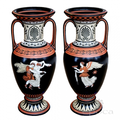 a rare pair of english double-handled polychromed porcelain urns with classical figures; marked 's.a.& co. (smith ambrose and co, burslem, england)