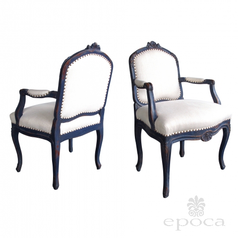 pair of french rococo blue-gray painted armchairs with rocaille carving