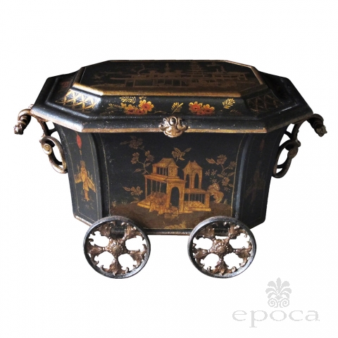 a rare and unusual english ebonized painted metal octagonal covered coal bin with chinoiserie decoration; by the coalbrookdale foundry, telford, england