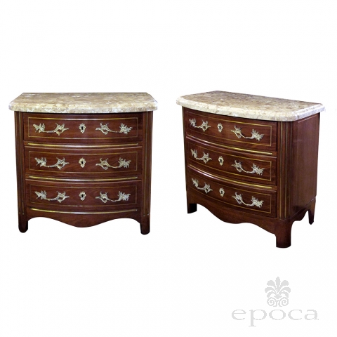 a handsome of danish empire style mahogany 3-drawer marble-topped bow-front chests with brass inlay and bronze mounts