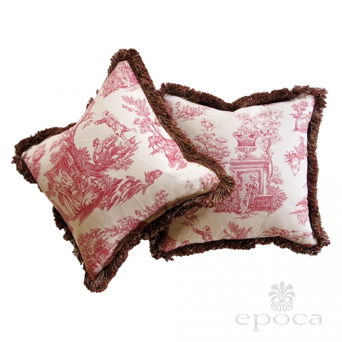 a sumptuous pair of burgundy and ivory toile pillows with silk fringe