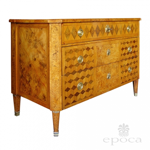 a handsome swedish gustavian alder root parquetry 3-drawer chest