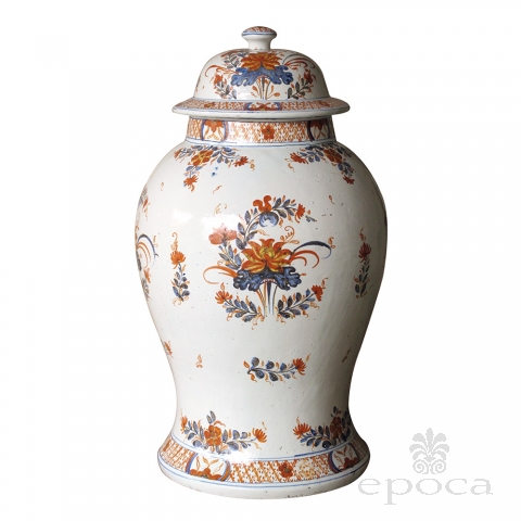 a boldly-scaled continental polychromed faience baluster-form covered ginger jar