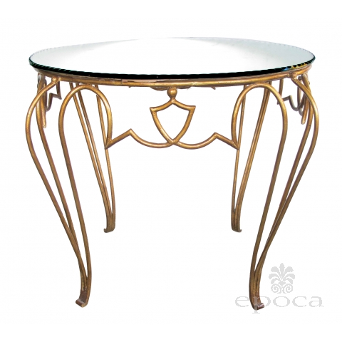 a chic french art deco gilt-iron circular Tables with mirrored top; by rene drouet
