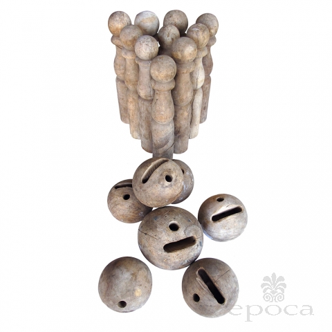 a charming english carved wood skittles set