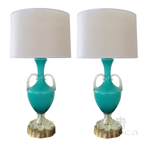 richly-colored italian mid-century teal cased-glass double-handled urn-form lamp