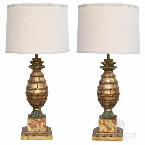 a well-executed pair of french painted and parcel-gilt carved wood pineapple-form lamps