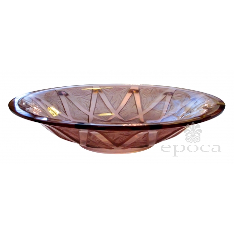 a large-scaled french art deco frosted and clear amethyst glass bowl with geometric design; with raised mark 'verlys france'