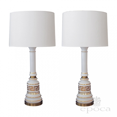 a stylish pair of american 1960's baluster-form white opaline glass lamps with gilt greek key design