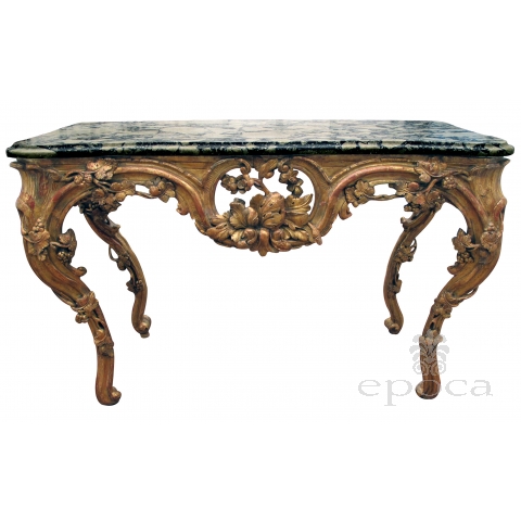 superb and finely carved french regence giltwood console table with grape vine motif and sage green marble top