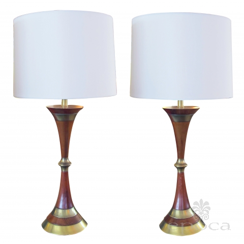 a shapely and handsome pair of danish mid-century walnut and brass hour-glass shaped lamps