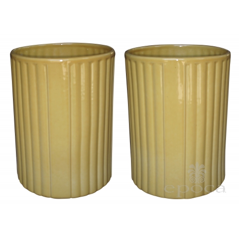 a large-scaled pair of american 1940's golden-yellow glazed ceramic umbrella jars; designer Harold Holman, Alamo Pottery, San Antonio, Texas