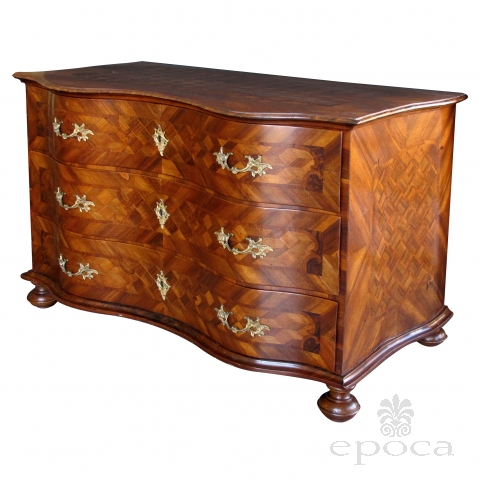 a handsome and good quality german baroque serpentine-form parquetry and walnut-veneered 3-drawer chest