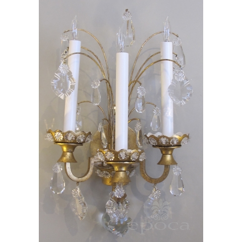 an elegant pair of french 1940's gilt-tole and crystal 3-arm wall sconces by maison jansen 