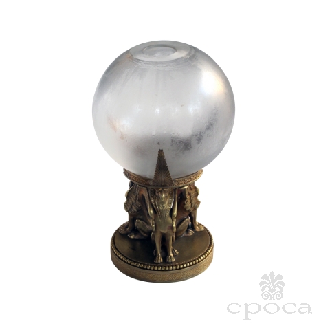a well-executed swedish crystal orb vase on a bronze egyptian-inspired stand; vase etched "Orrefors" with original foil label
