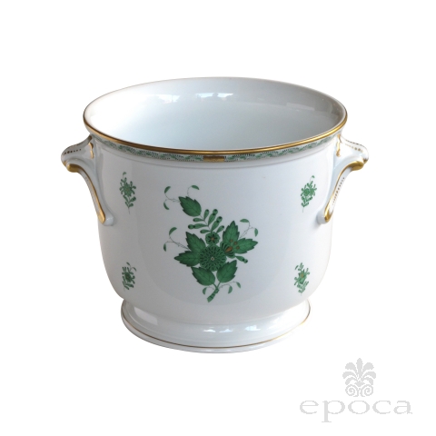 a large and good quality hungarian 1950's white-glazed cachepot with green polychromed and gilt floral decoration; underglaze blue mark "Herend, Hungary, Handpainted"