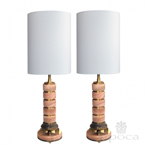 a good quality pair of french art deco rosso-pistalo marble columnar lamps with gilt-bronze and brass mounts