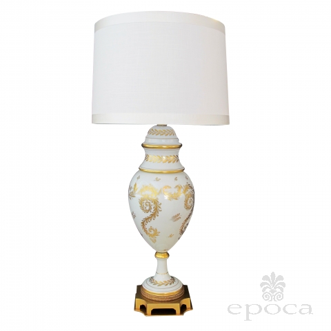 an elegant and good quality american 1950's blanc de chine porcelain lamp with gilt decoration; labeled 'Marbro Lamp Co., Los Angeles'