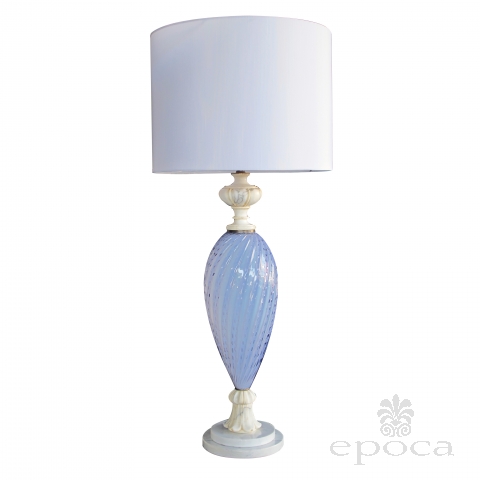 a tall and striking italian mid-century periwinkle art glass lamp with carerra marble mounts; made for Marbro Lighting, Los Angeles