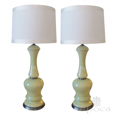a shapely pair of american mid-century celadon green baluster-form ceramic lamps; by Frederick Cooper, Chicago