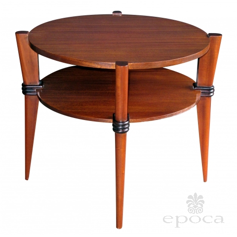 a chic french 1940's ribbon-mahogany circular side table with ebonized highlights