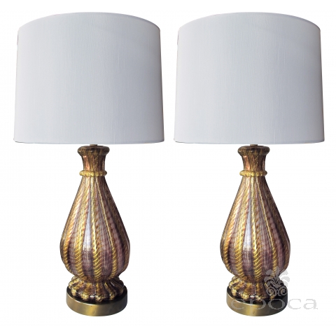 a good quality pair of murano mid-century aubergine and gold aventurine ribbed glass lamps