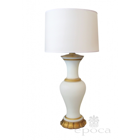 a large-scaled and shapely american 1960's white frosted glass baluster-form lamp with gilt highlights; by Marbro Lamp Co, Los Angeles