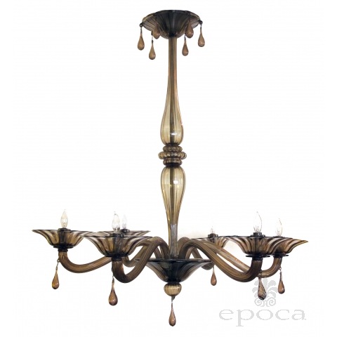 an elegant murano 1930's napoleone martinuzzi for venini 6-light chandelier of charcoal-brown glass