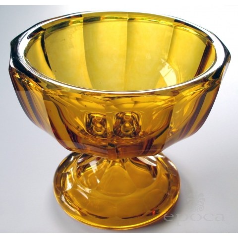 a heavy and thickly-modeled bohemian mid-century pedestal bowl of honey-colored glass; by moser glassworks