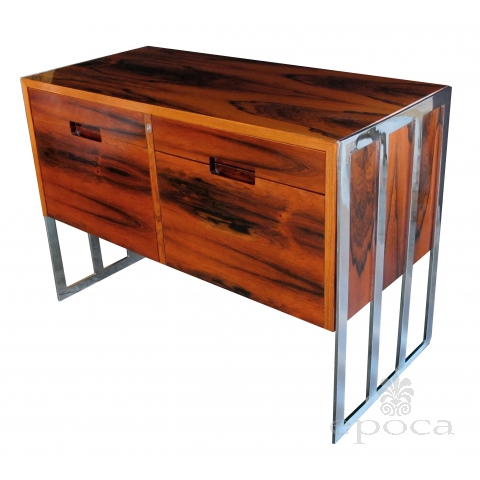 a chic danish 1970's jacaranda wood 2-drawer cabinet with chrome supports