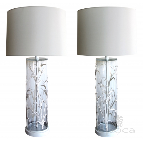 a unique american 1960's pair of cylindrical glass lamps with applied bamboo decoration