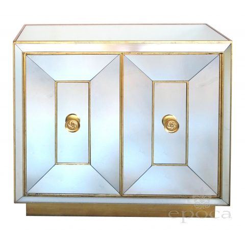 a glamorous american hollywood regency 1940's mirrored 2-door cabinet with gilt highlights