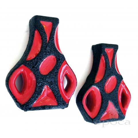 a shapely pair of west german roth keramik art pottery 'fat lava' guitar vases with red glaze