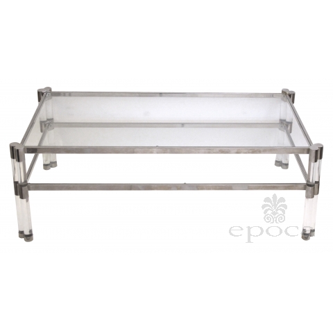 stylish french 1970's Pierre Vandel glass and lucjite coffee table with nickel plated frame