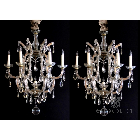 a good pair of continental Maria Theresa basket-form glass and crystal 6-light chandeliers; possibly viennese