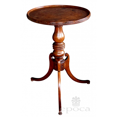 a handsome and well-patinated english victorian beechwood circular tripod side table with baluster support and splayed legs