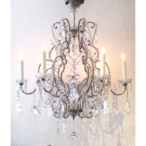  lustrous and graceful italian rococo style cage-form beaded 6-light chandelier with crystal pendants, flowers and swags