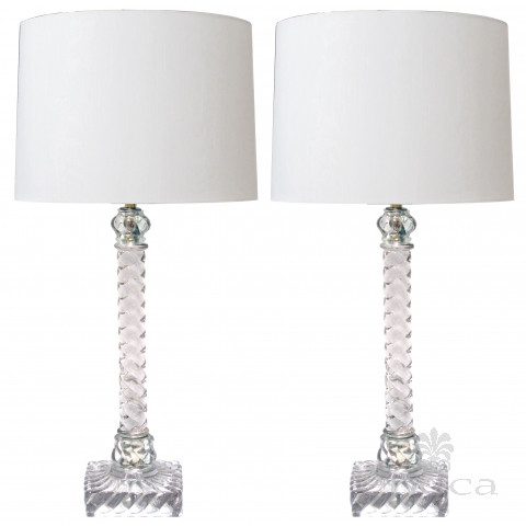 a shimmering and good quality pair of american lamps of solid spiraling clear glass