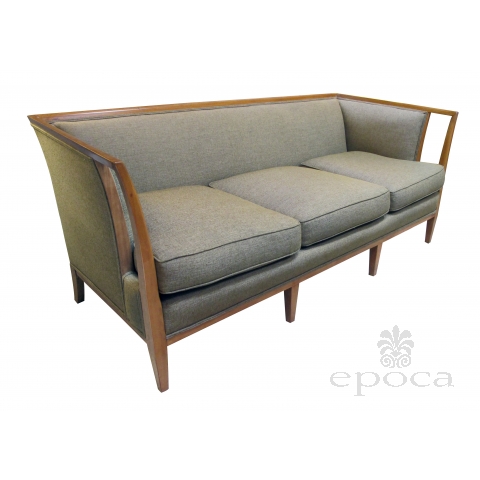 shapely american mid-century T.H. Robsjohn-Gibbings style sofa with flared openwork arms
