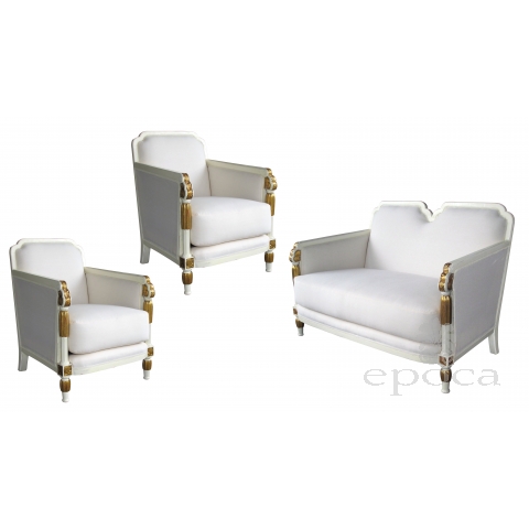  stylish french art deco ivory painted and parcel-gilt suite consisting of 2 chairs and a settee 