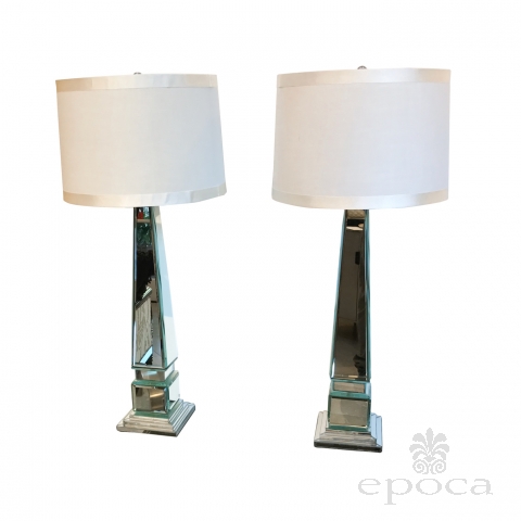 epoca san francisco: A Tall and Shimmering Pair of Beveled Mirror Obelisk-Form Lamps