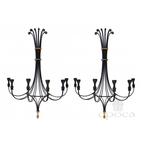  lyrical and large-scaled american 1960's black painted wrought iron 6-arm wall sconces with gilt highlights