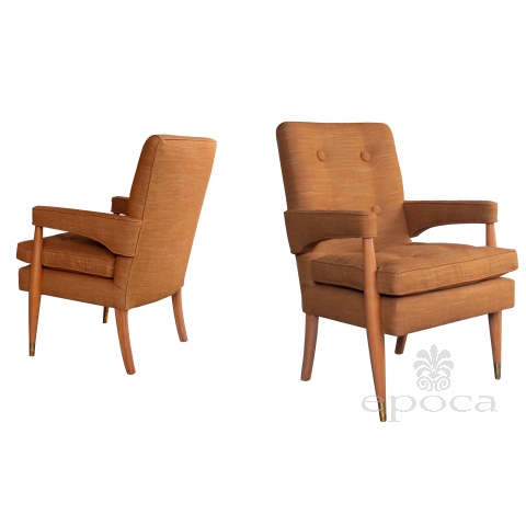 a handsome and stylish pair of american mid-century high-back upholstered arm chairs