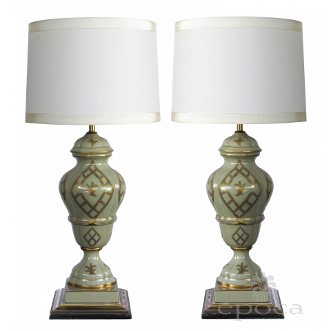 good quality and elegant pair of Marbro Lamp Co. 1960's baluster-form celadon-glazed lamps with gilt decoration