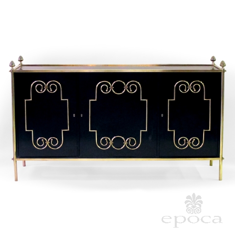 epoca american mid-century custom-made black lacquer 3-door sideboard/buffet with applied brass scrollwork and bronze mounts; by Daniel Jones, Inc., New York