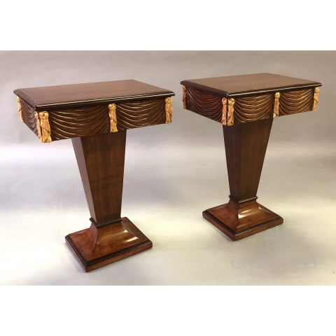  chic pair of Grosfeld House 1940's mahogany and parcel-gilt single-drawer pedestal tables