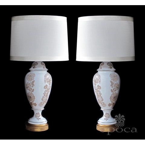 an elegant pair of american frederick cooper 1960's white-glazed baluster-form lamps with raised floral decoration