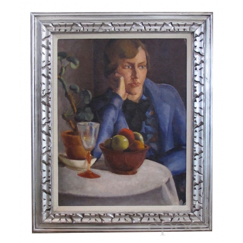 oil on board; a finely rendered continental art deco painting of a seated woman