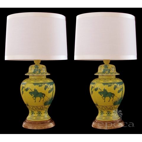 a stunning and richly-colored pair of mid-century chinese canary yellow ginger jars with dark green decoration now mounted as lamps