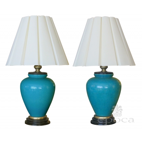 a striking and large pair of american 1960's turquoise crackle-glaze ceramic lamps by frederick cooper